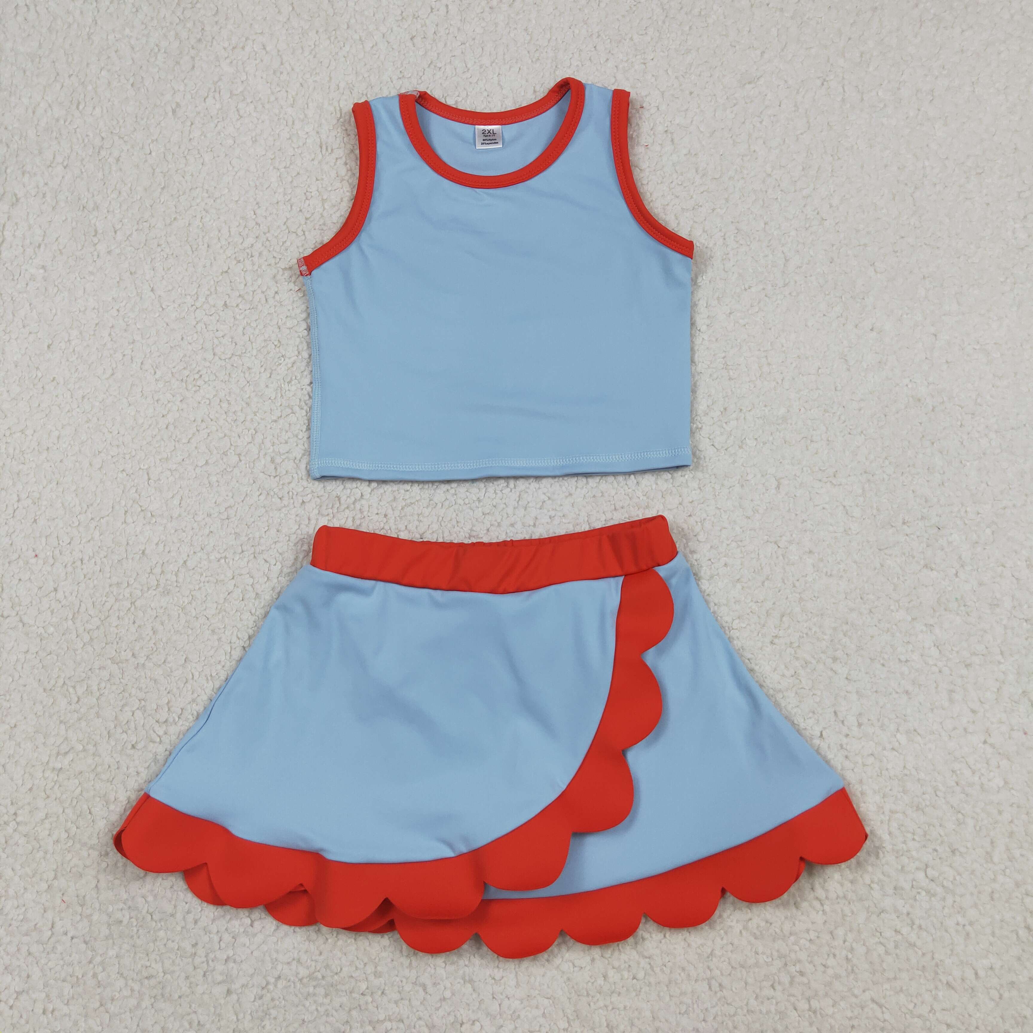 GSD4020  RTS Blue red print active girl yoga scallop skirt dress