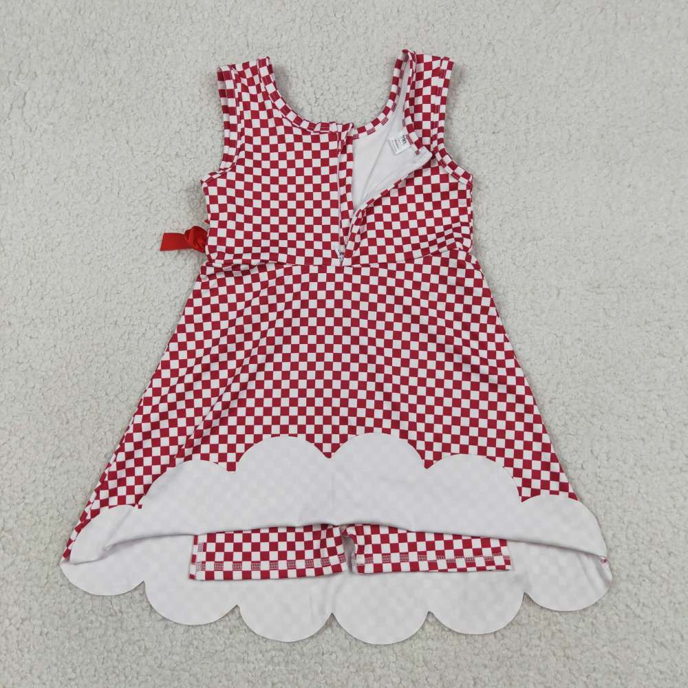 GSD3669  red white plaid print active girl yoga scallop dress