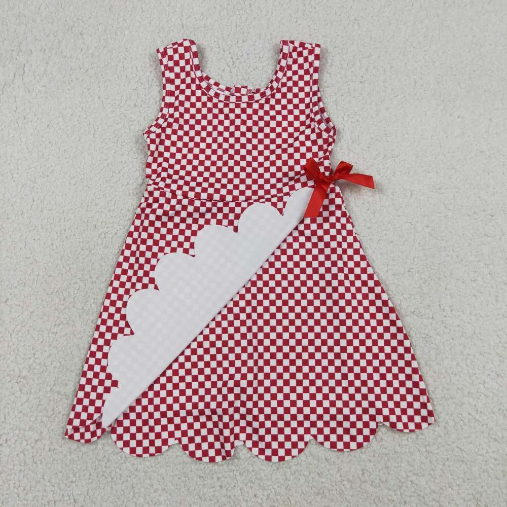 GSD3669  red white plaid print active girl yoga scallop dress