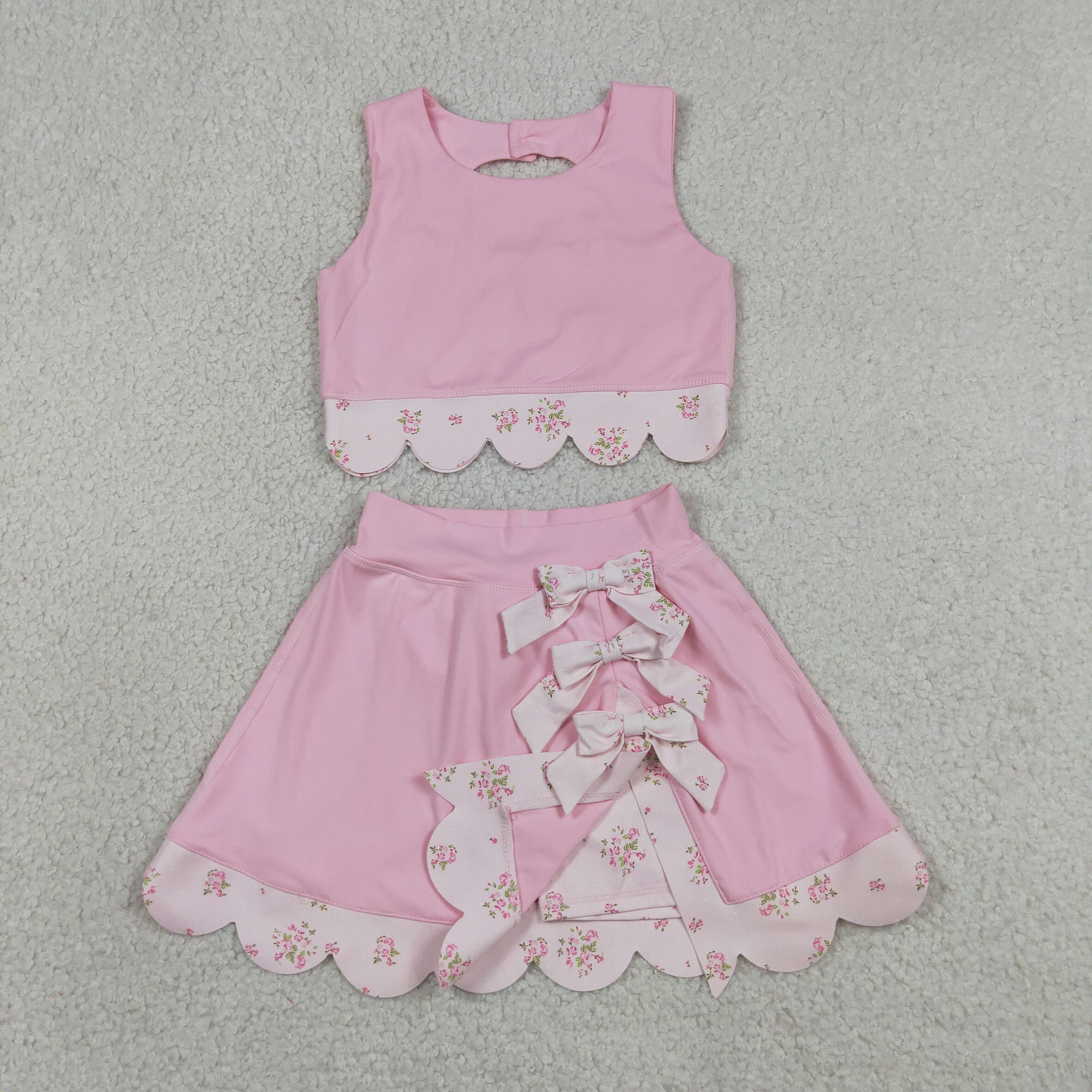 GSD3321   RTS  PINK solid flowers print active girl yoga scallop skirt dress