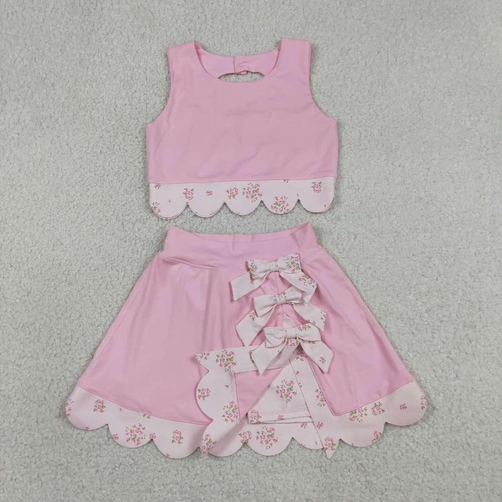 GSD3321   RTS  PINK solid flowers print active girl yoga scallop skirt dress