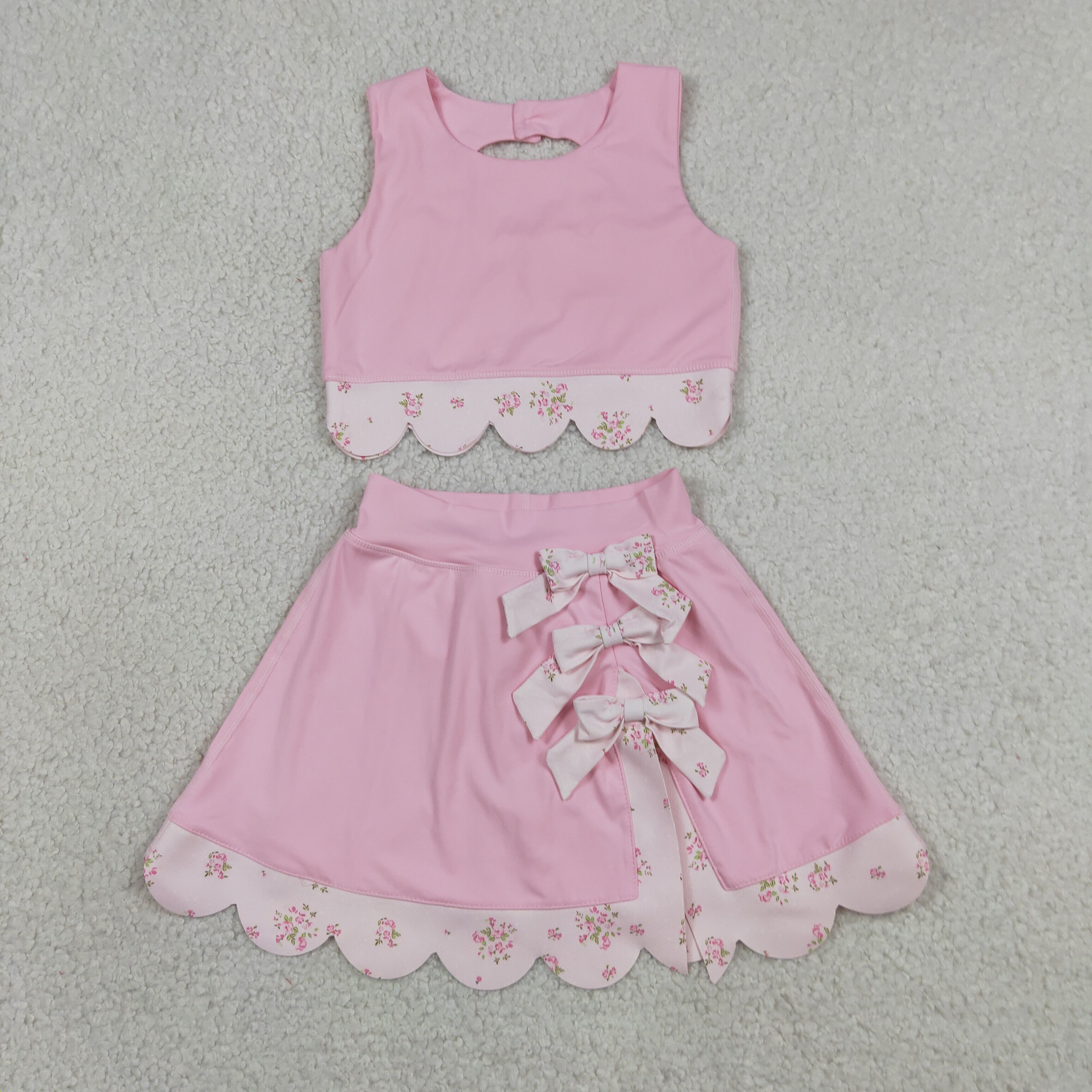 GSD3321   RTS  PINK solid flowers print active girl yoga scallop skirt dress