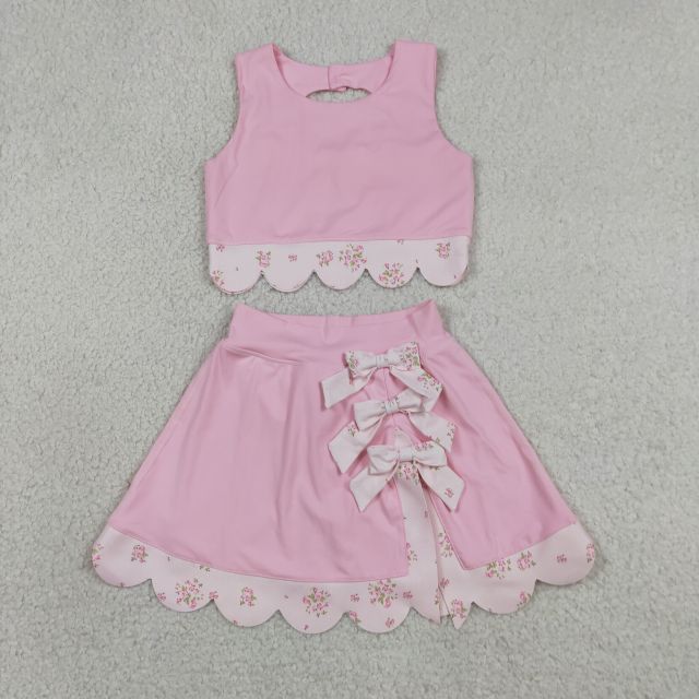 GSD3321   RTS  PINK solid flowers print active girl yoga scallop skirt dress