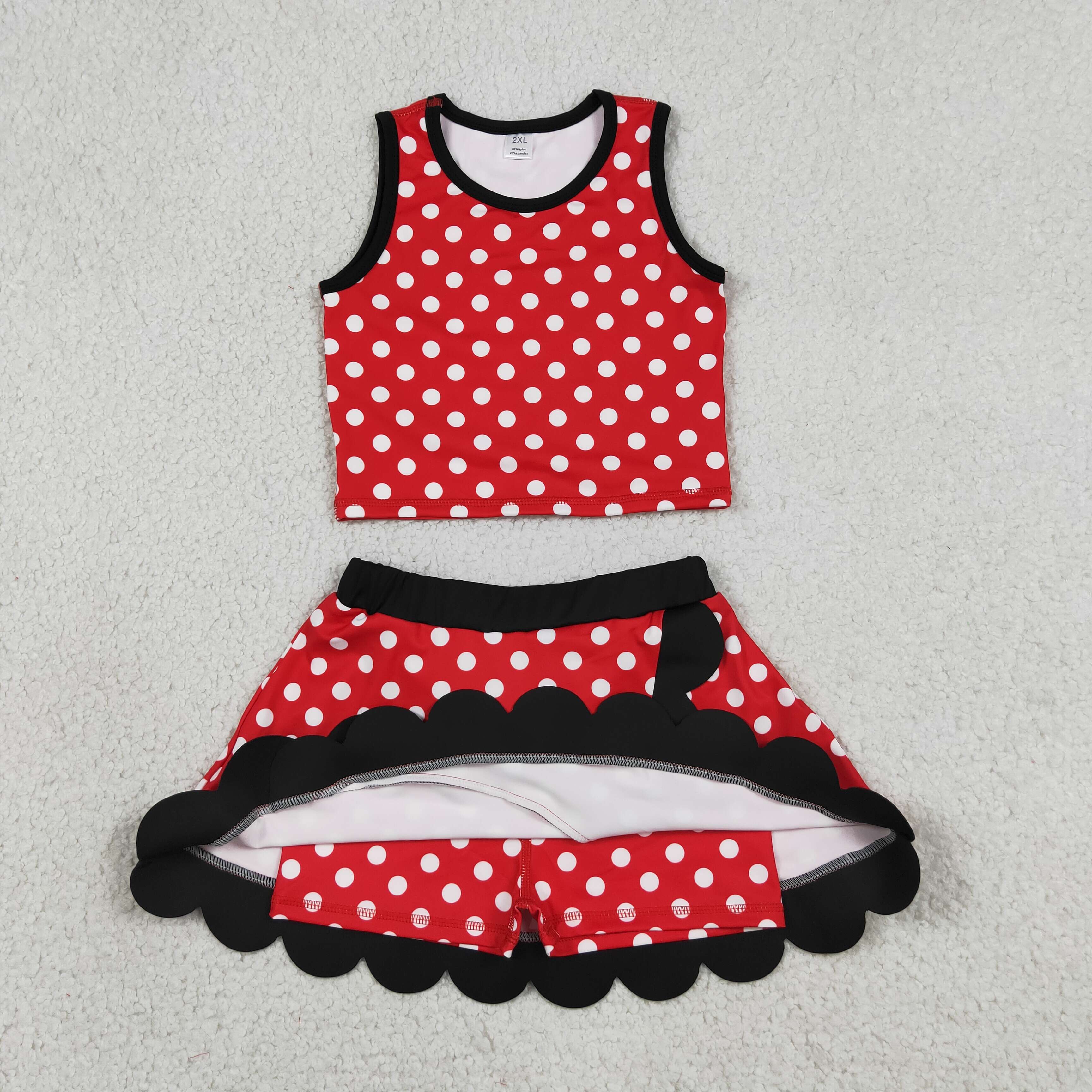 GSD4080  RTS RED white polka print active girl yoga scallop skirt dress
