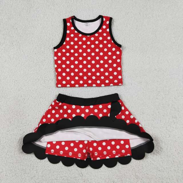 GSD4080  RTS RED white polka print active girl yoga scallop skirt dress