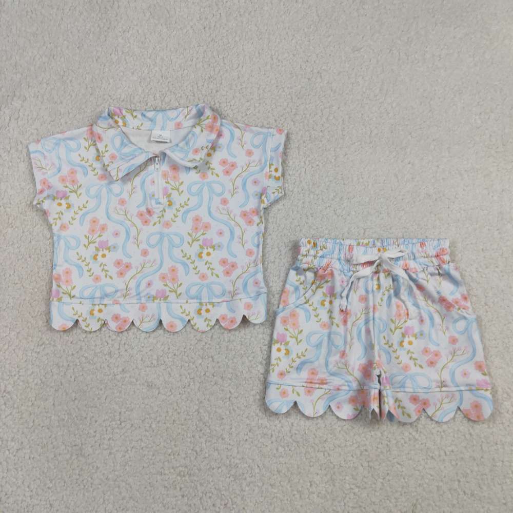 GSSO3575  flowers Blue bows short sleeve girl Scallop outfits