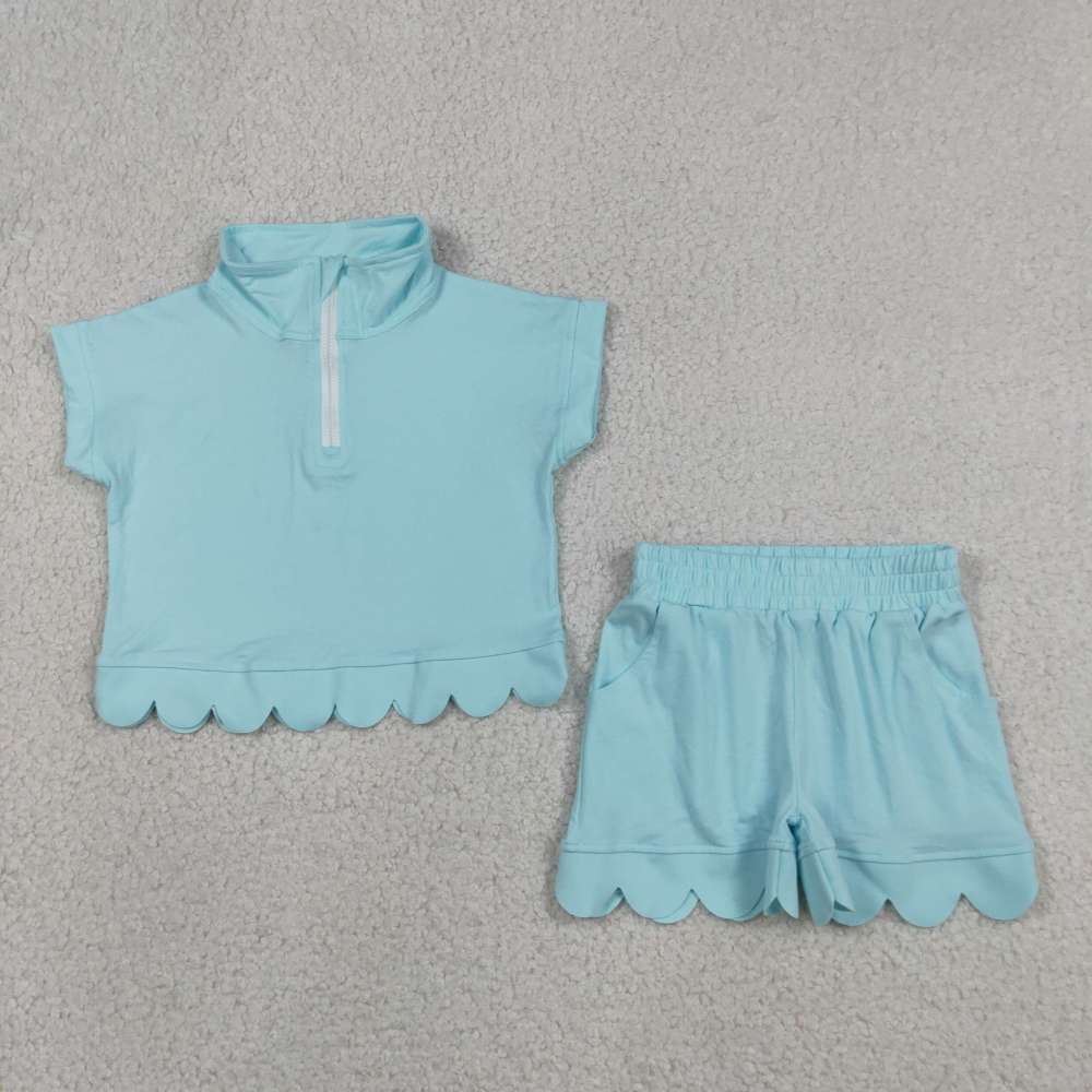 GSSO3576 Sky Blue solid short sleeve girl Scallop outfits