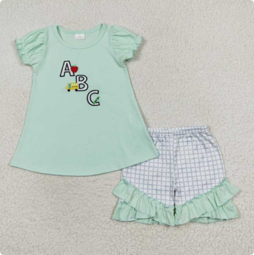 GSSO0930 Embroidered ABC Apple School Bus Green Short-Sleeve Lace Plaid Shorts Set