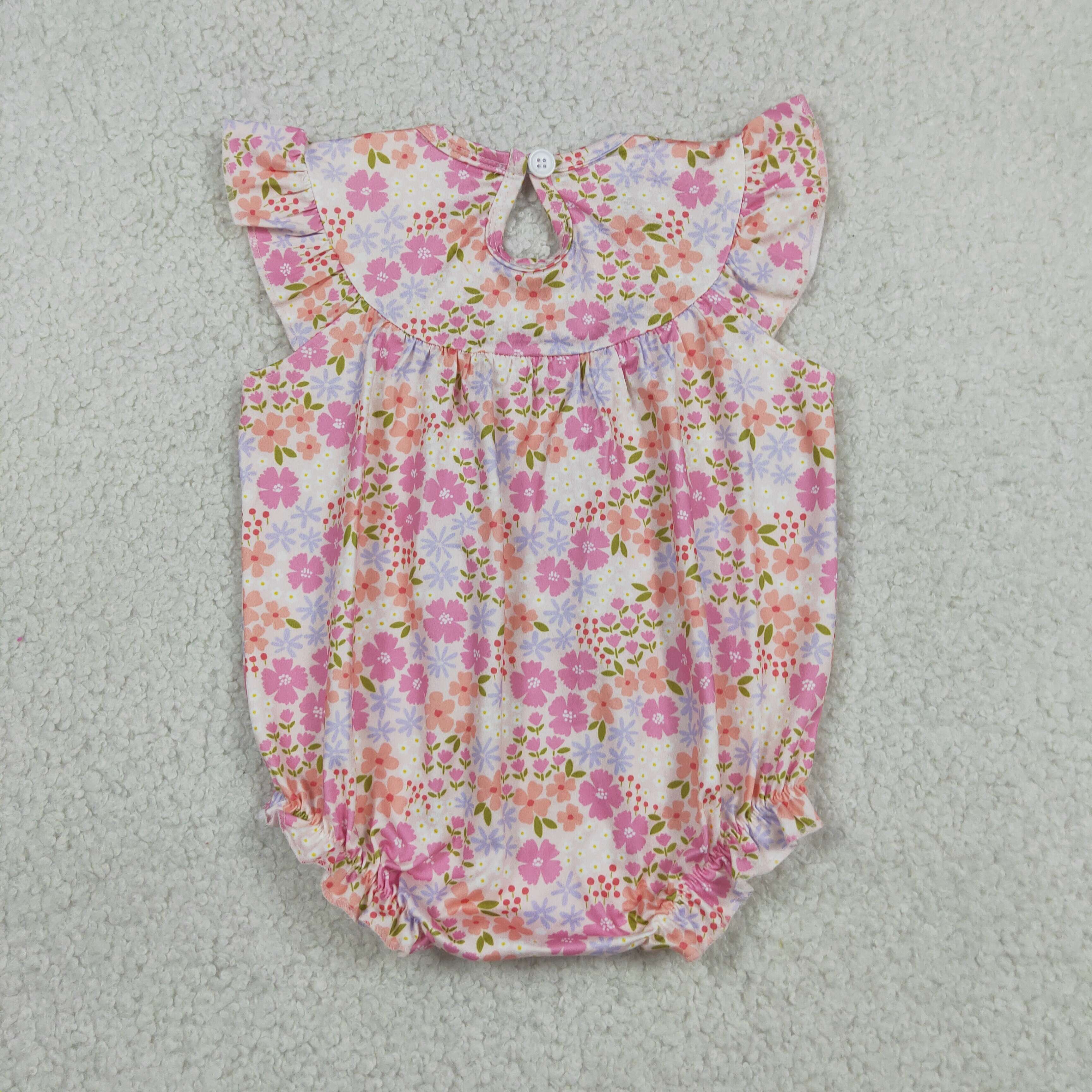 SR4142 RTS Girl Pink Flowers I love dad smock flying  sleeve baby romper