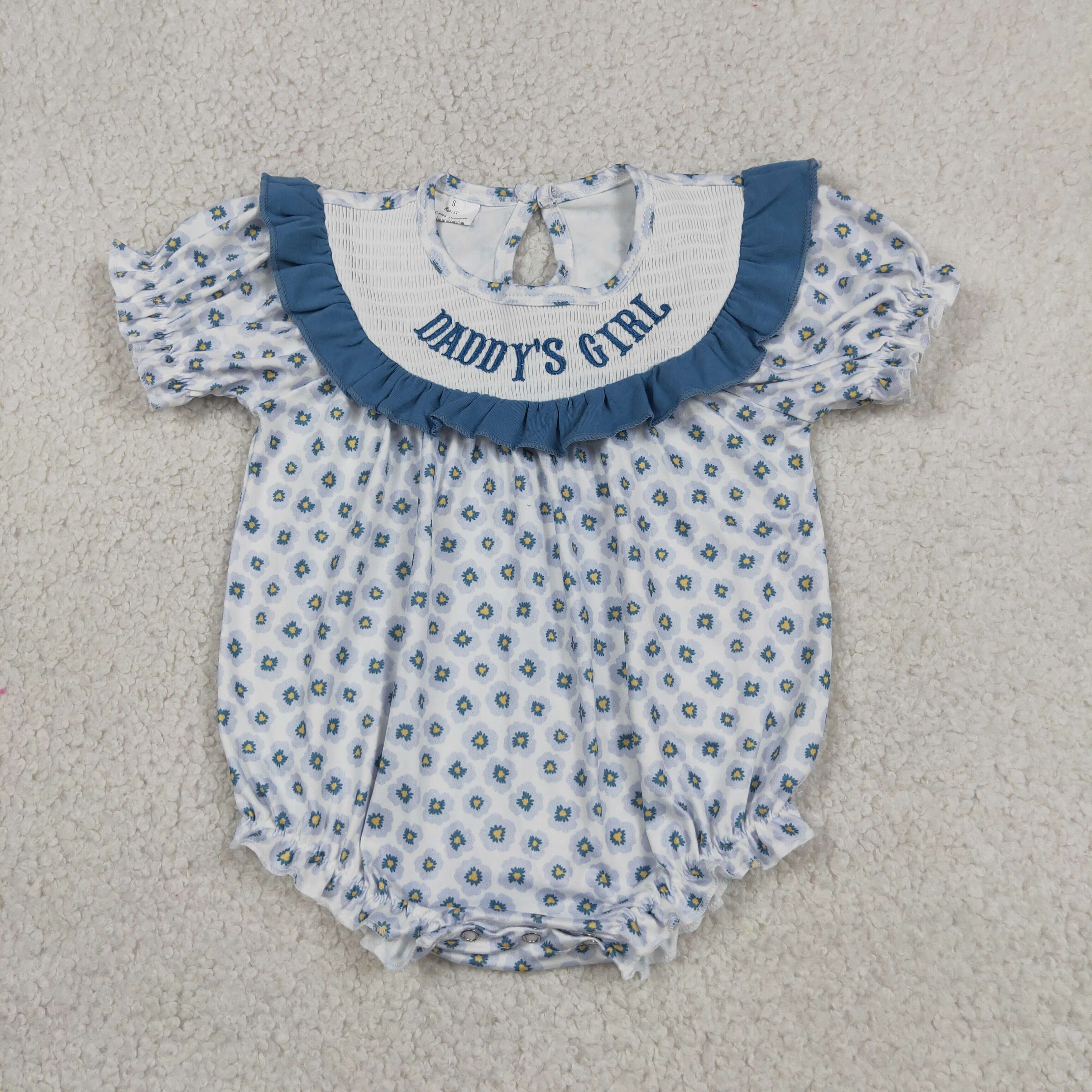 SR4141 RTS Girl Blue Flowers daddy's girl  smock ruffle sleeve baby romper