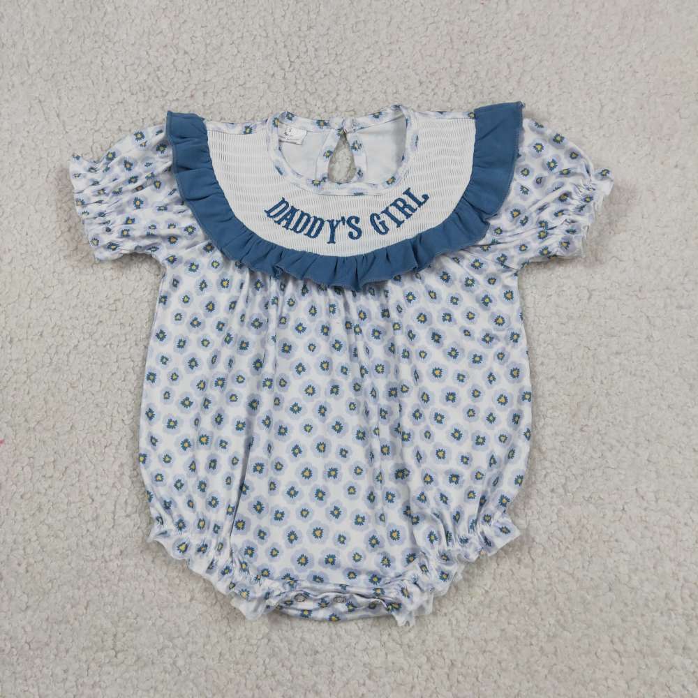 SR4141 RTS Girl Blue Flowers daddy's girl  smock ruffle sleeve baby romper