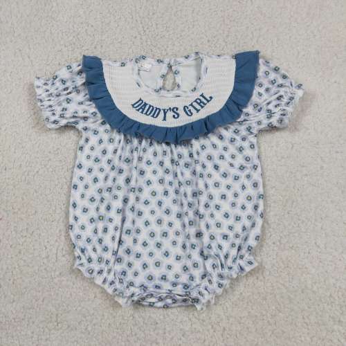 SR4141 RTS Girl Blue Flowers daddy's girl  smock ruffle sleeve baby romper