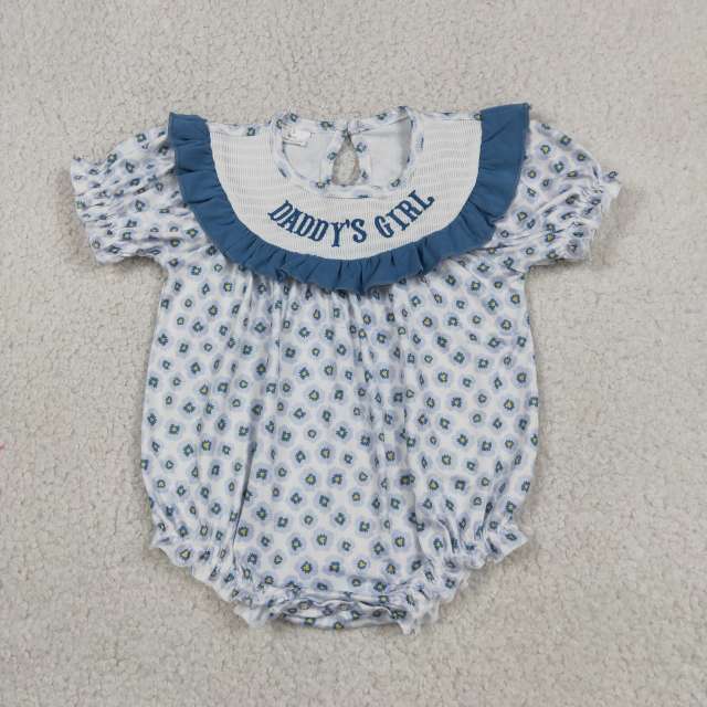 SR4141 RTS Girl Blue Flowers daddy's girl  smock ruffle sleeve baby romper