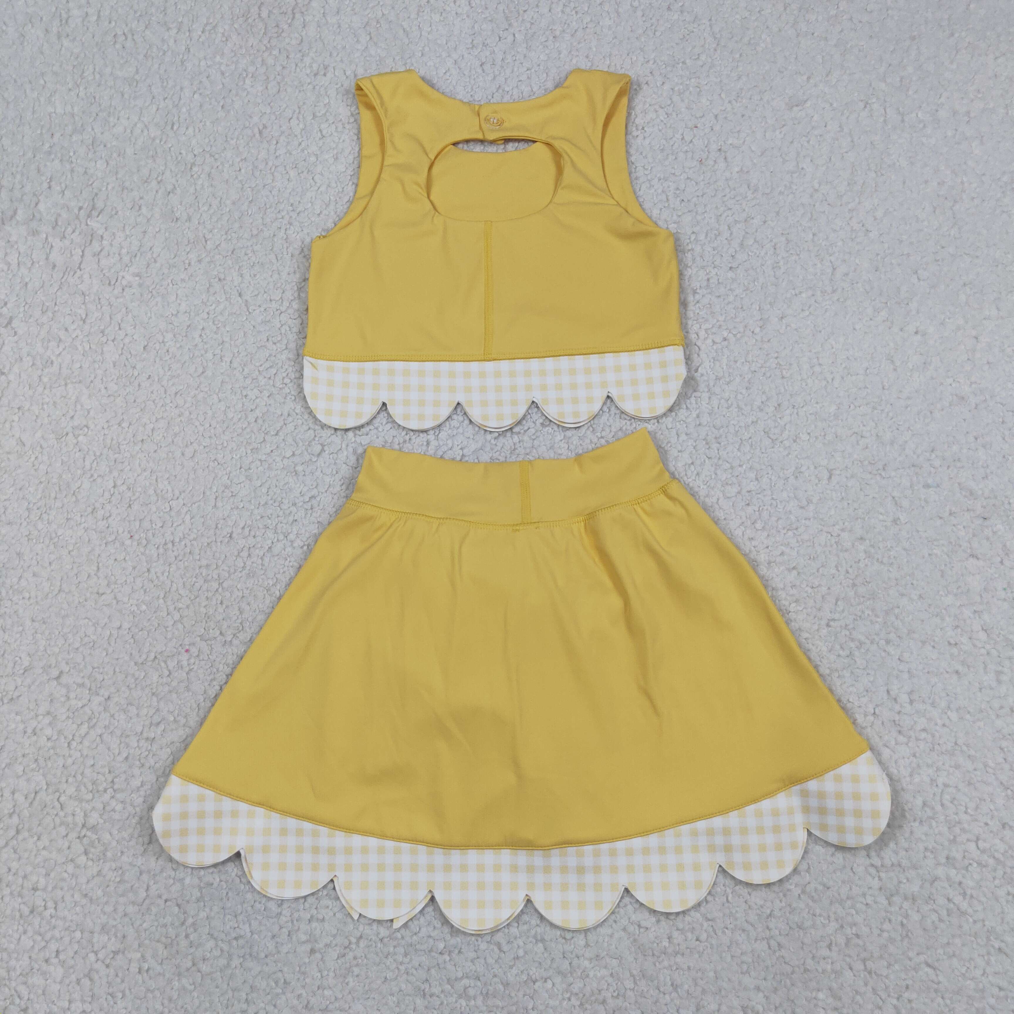 GSD3324   RTS  Yellow solid plaid print active girl yoga scallop skirt dress