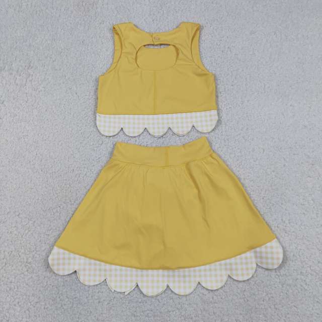 GSD3324   RTS  Yellow solid plaid print active girl yoga scallop skirt dress