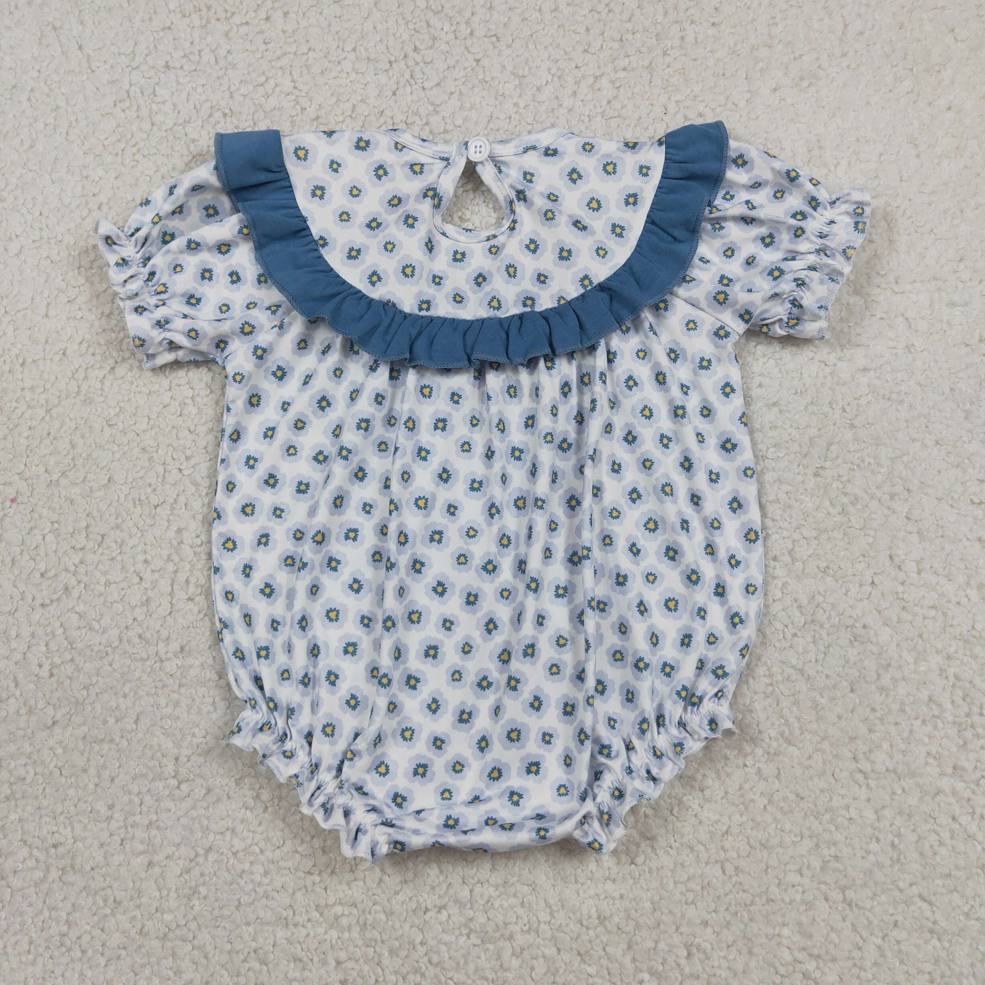 SR4141 RTS Girl Blue Flowers daddy's girl  smock ruffle sleeve baby romper