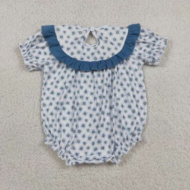 SR4141 RTS Girl Blue Flowers daddy's girl  smock ruffle sleeve baby romper