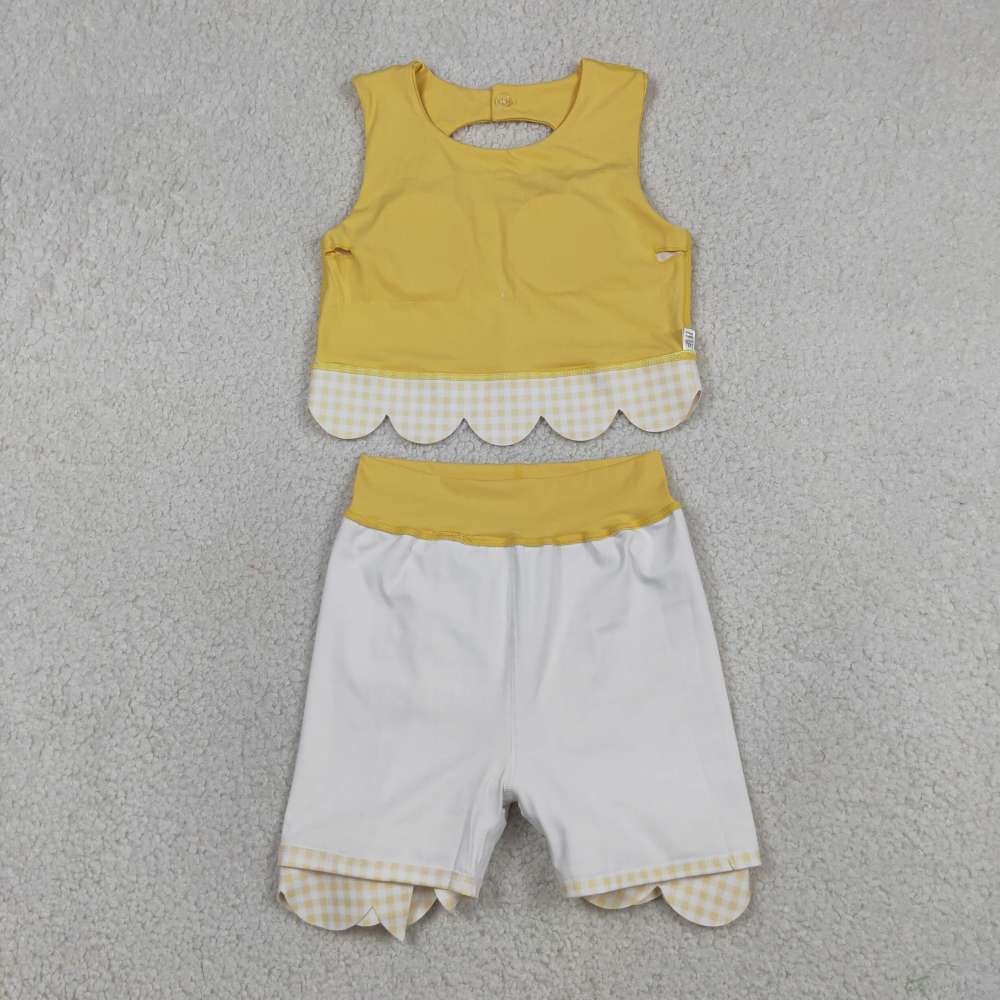 GSD3324   RTS  Yellow solid plaid print active girl yoga scallop skirt dress