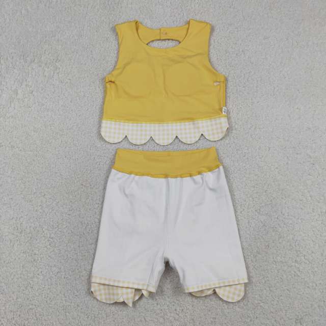 GSD3324   RTS  Yellow solid plaid print active girl yoga scallop skirt dress