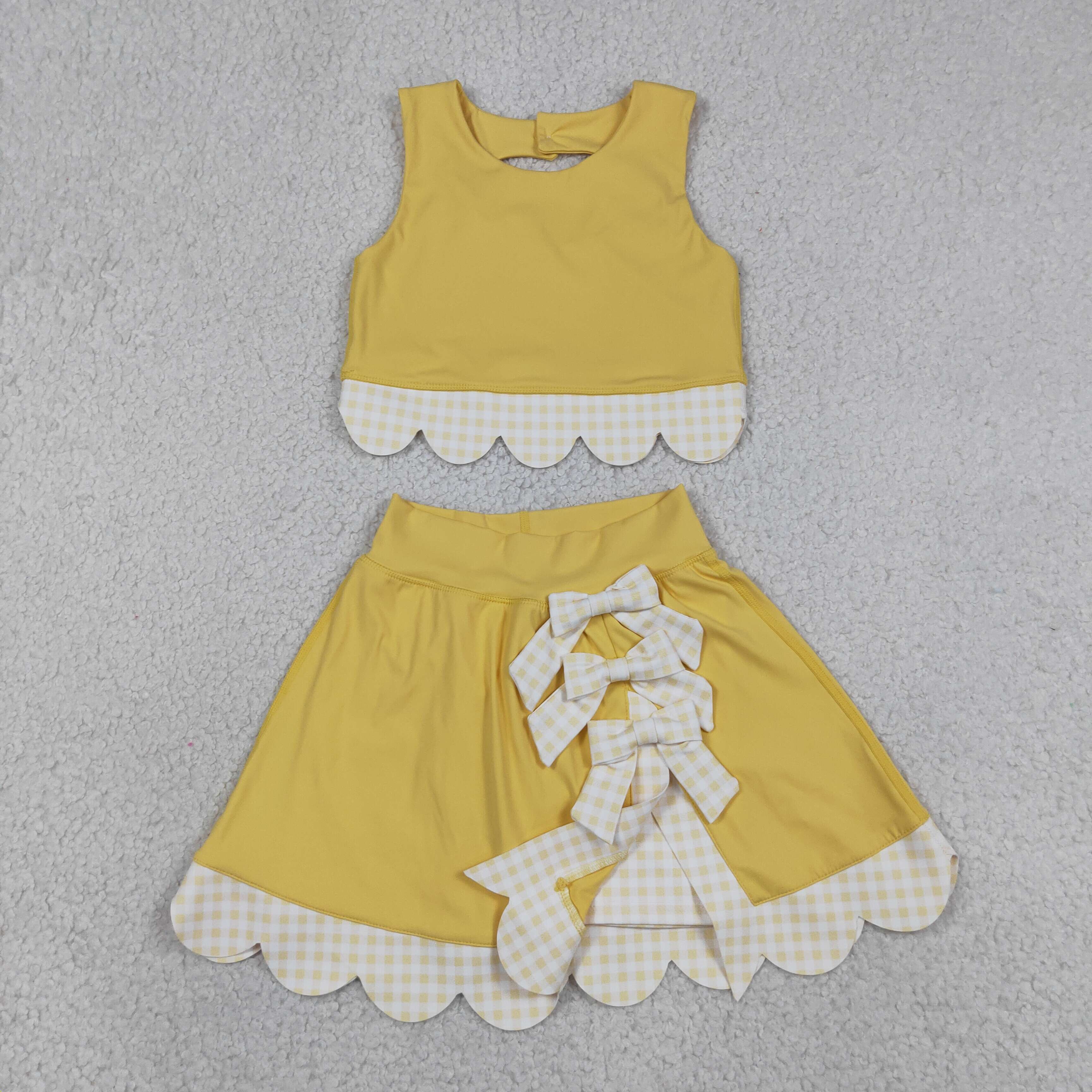 GSD3324   RTS  Yellow solid plaid print active girl yoga scallop skirt dress