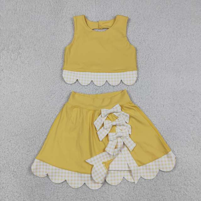 GSD3324   RTS  Yellow solid plaid print active girl yoga scallop skirt dress