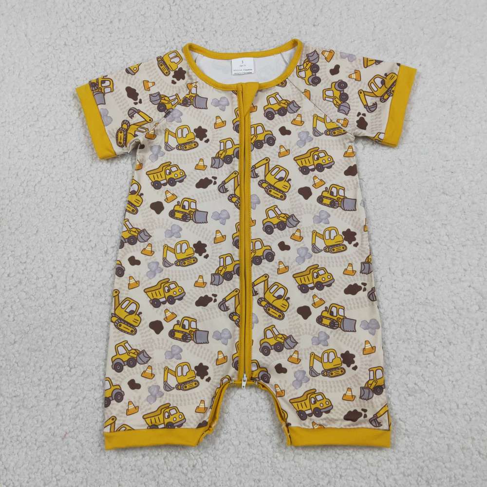 SR41583 Baby Yellow excavator print short sleeve Rompers