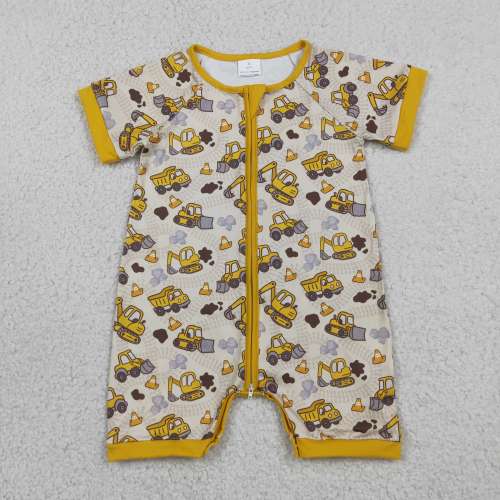 SR41583 Baby Yellow excavator print short sleeve Rompers