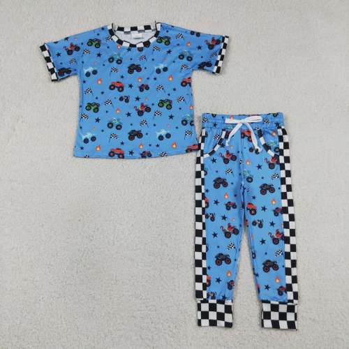 BSSO2001  RTS Blue Tractor stars plaid  print short sleeve boy outfits