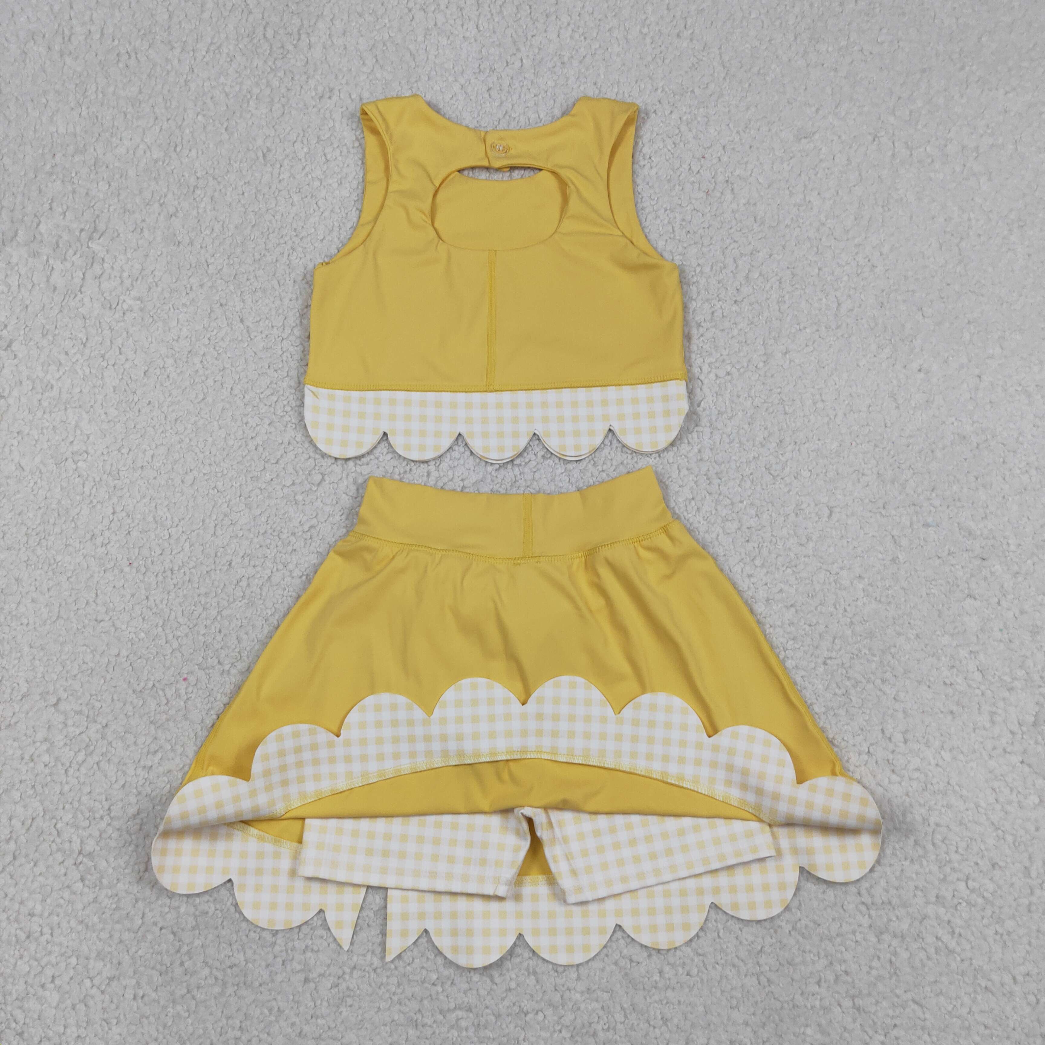 GSD3324   RTS  Yellow solid plaid print active girl yoga scallop skirt dress