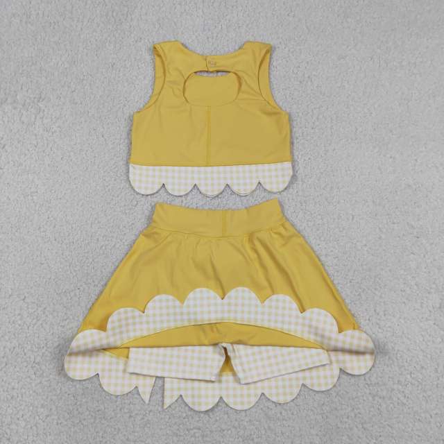 GSD3324   RTS  Yellow solid plaid print active girl yoga scallop skirt dress