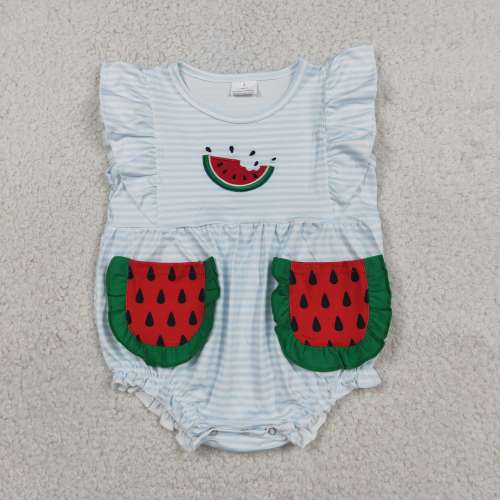SR4153  Baby Blue stripe watermelon  Embroidery short sleeve Rompers