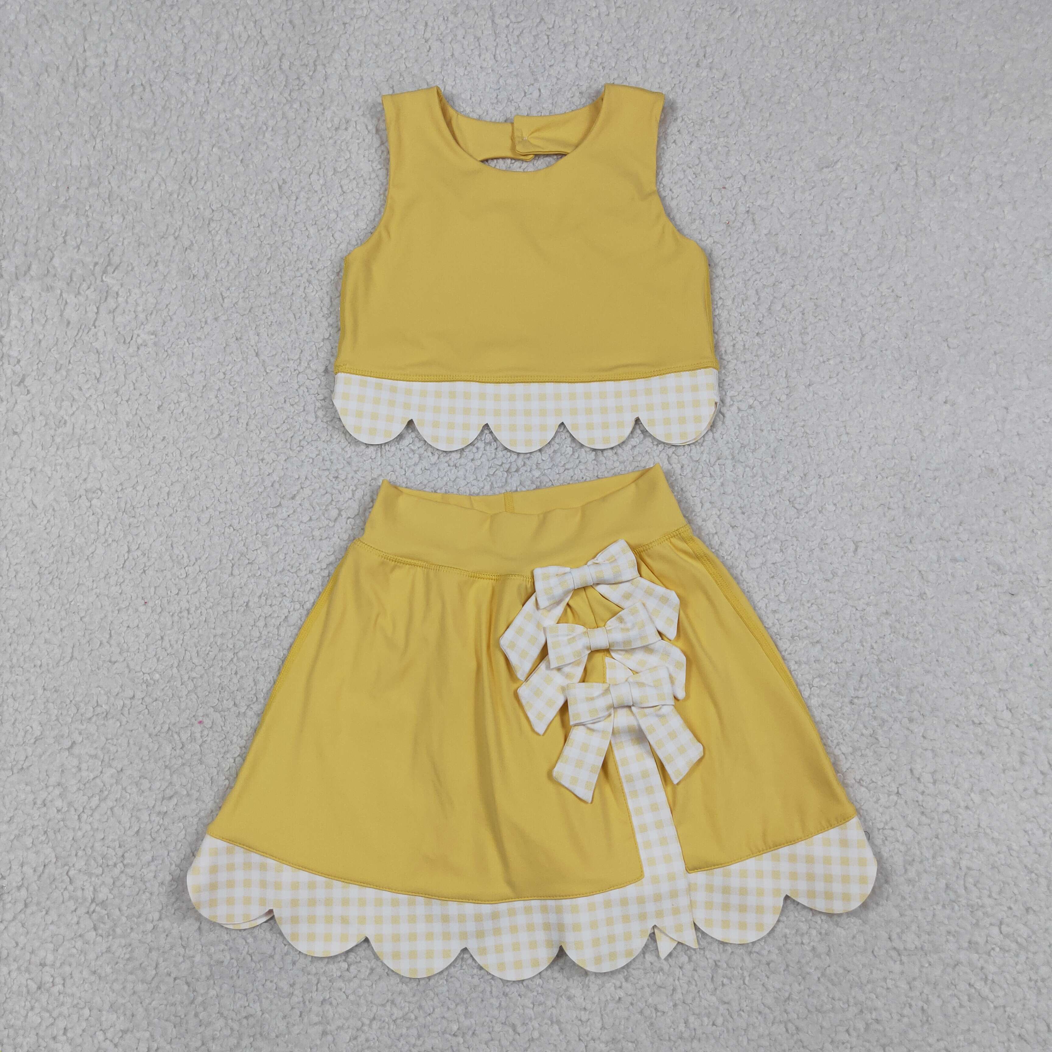 GSD3324   RTS  Yellow solid plaid print active girl yoga scallop skirt dress