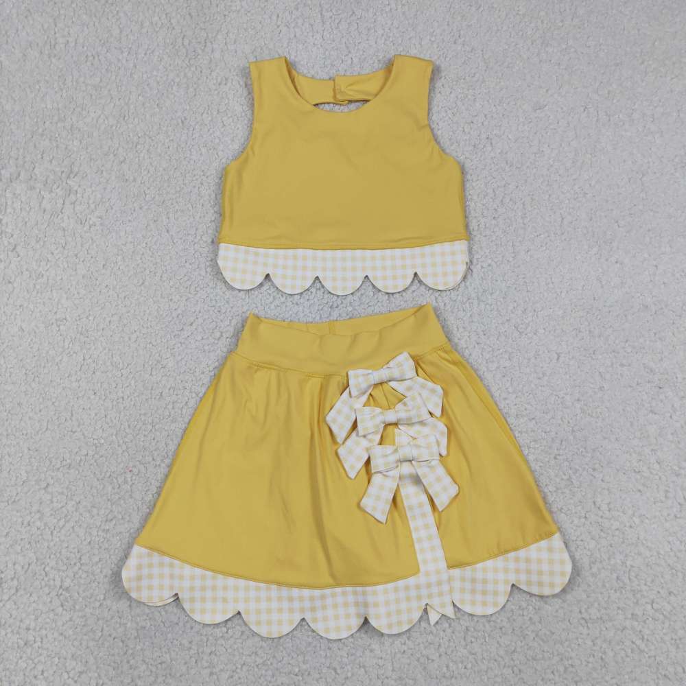 GSD3324   RTS  Yellow solid plaid print active girl yoga scallop skirt dress