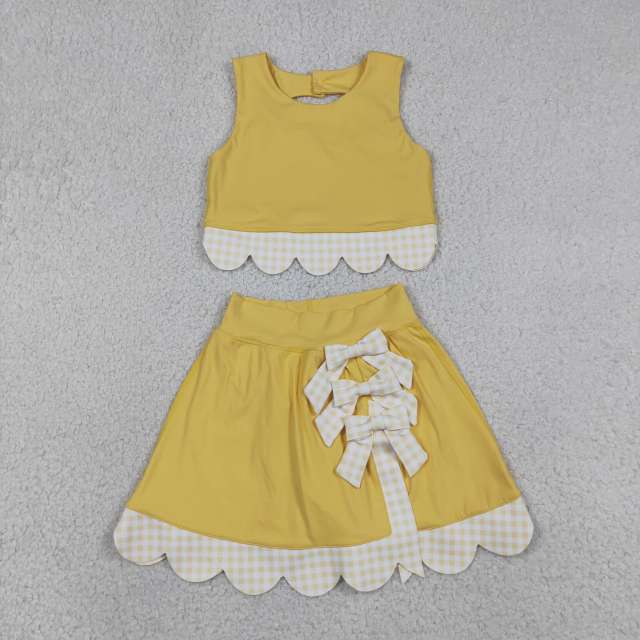 GSD3324   RTS  Yellow solid plaid print active girl yoga scallop skirt dress