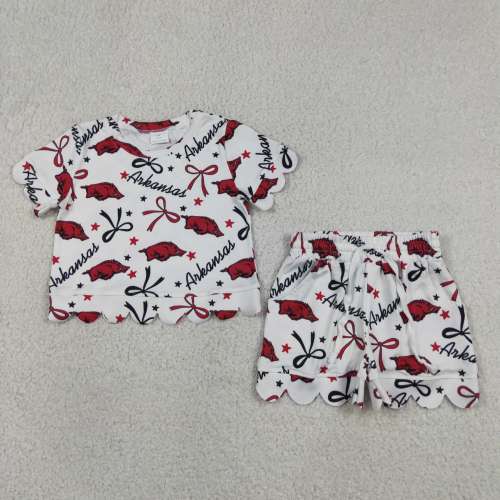 GSSO3254   red black team black pattern Print Short sleeve girl  SCALLOP  outfits