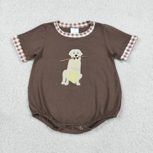 SR3470  Baby Brown puppy Embroidery short sleeve Rompers