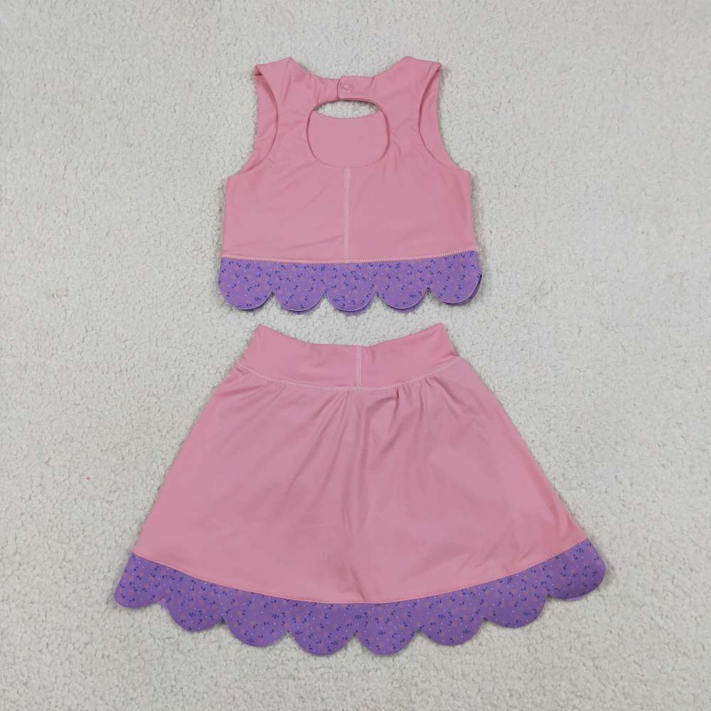 GSD3319   RTS Pink purple ice scream solid plaid print active girl yoga scallop skirt dress