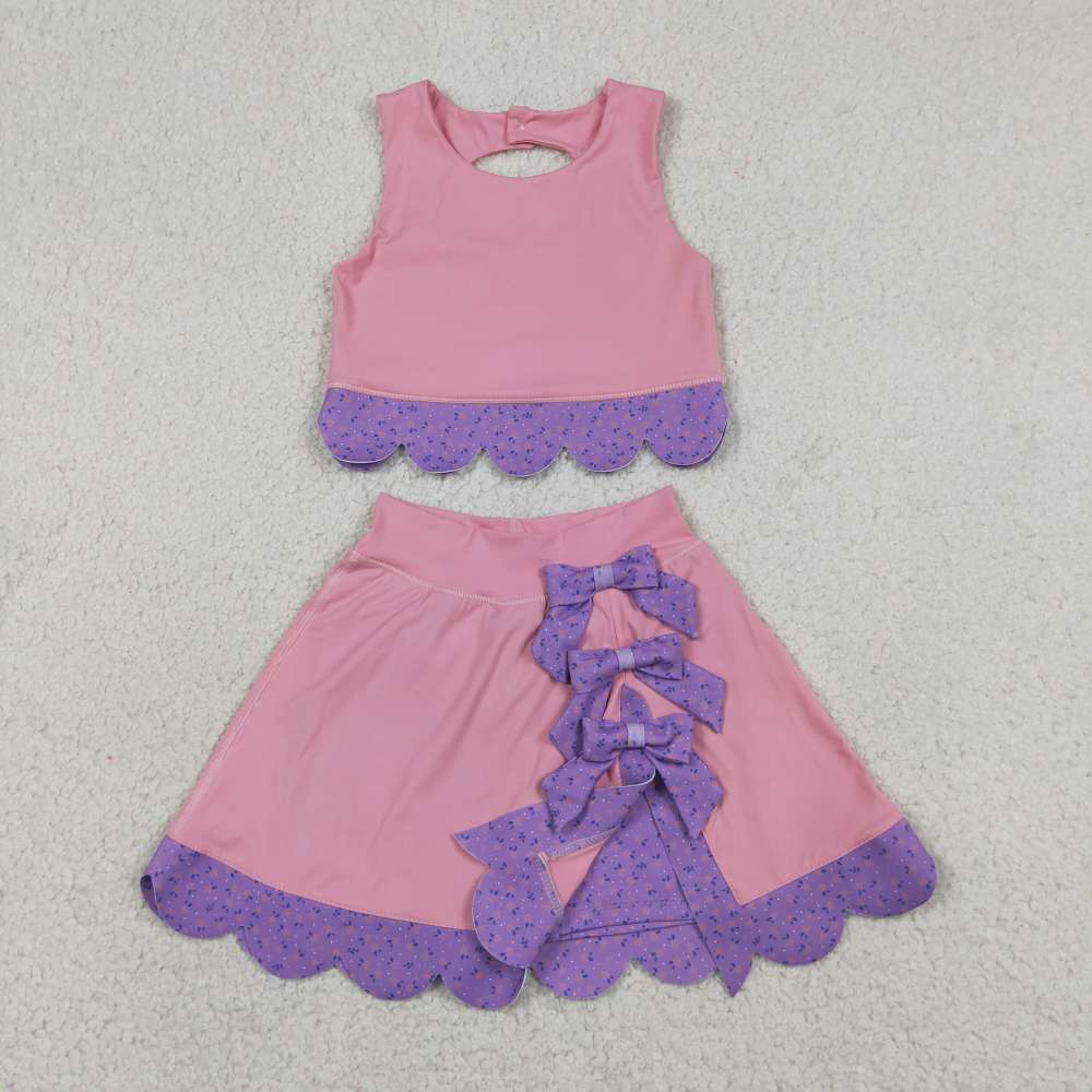 GSD3319   RTS Pink purple ice scream solid plaid print active girl yoga scallop skirt dress