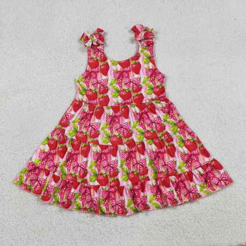 GSD3964  RTS Red strawberry bows girl summer dress