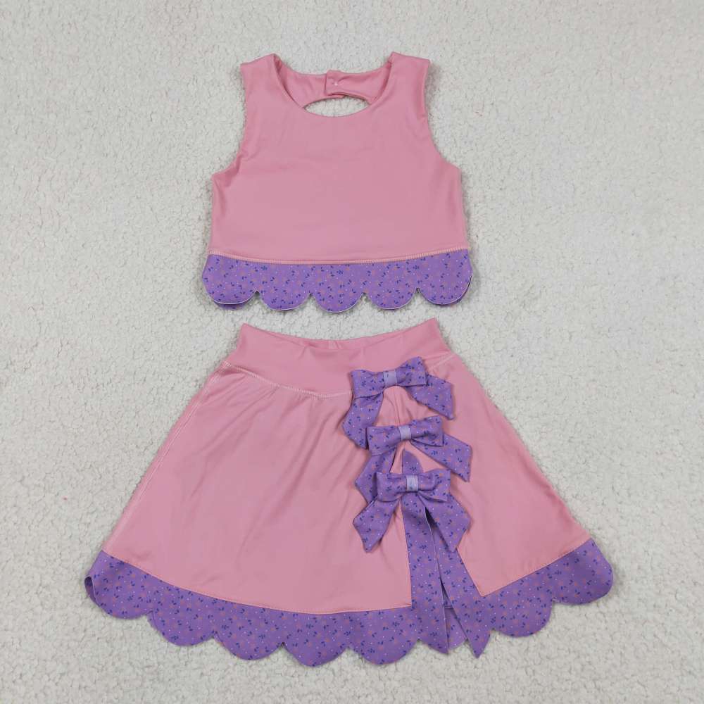 GSD3319   RTS Pink purple ice scream solid plaid print active girl yoga scallop skirt dress