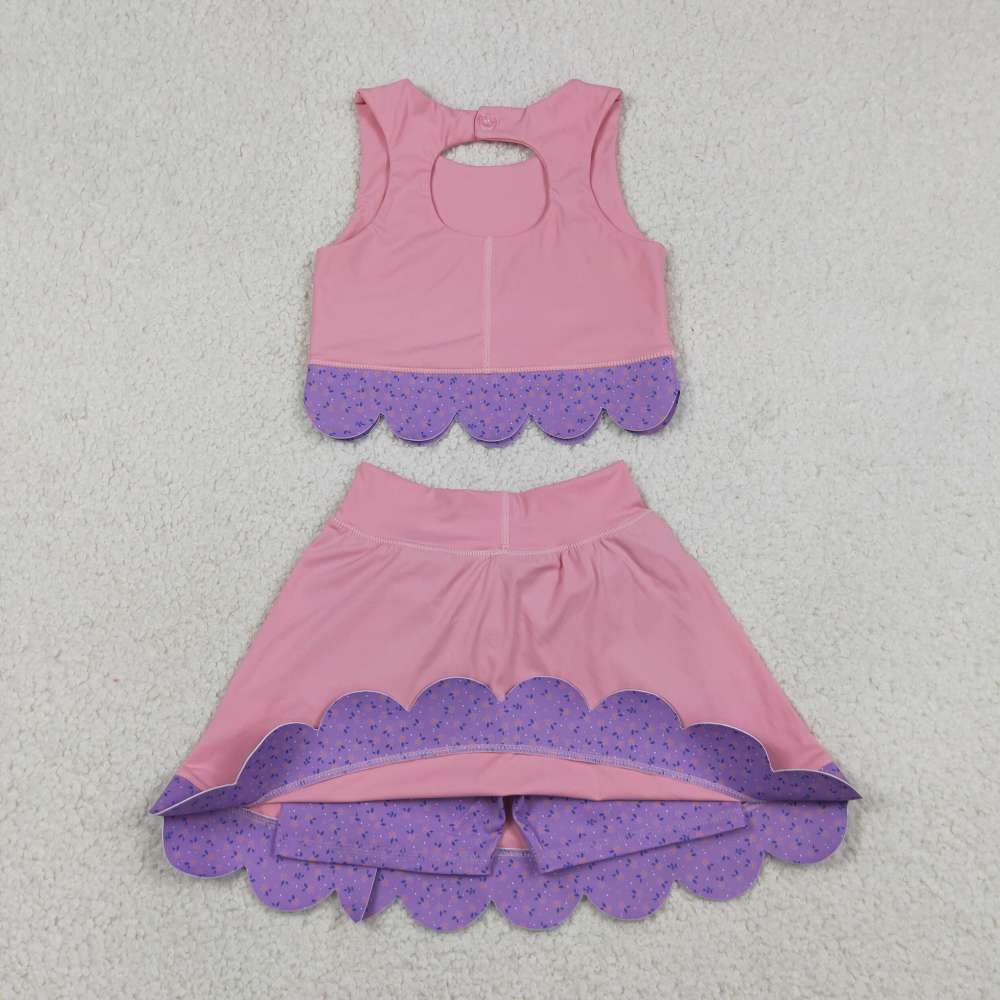 GSD3319   RTS Pink purple ice scream solid plaid print active girl yoga scallop skirt dress