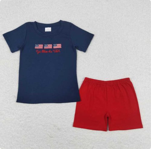 BSSO0713 God bless embroidered national flag navy blue short-sleeved shirt and red shorts set