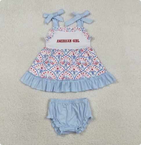 SR3648 Embroidered American Girl Flag Star Pattern Blue Strappy Bodysuit
