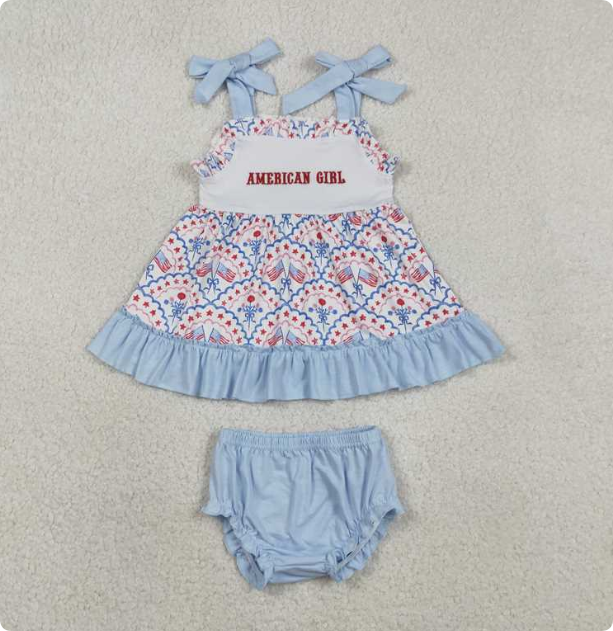 SR3648 Embroidered American Girl Flag Star Pattern Blue Strappy Bodysuit
