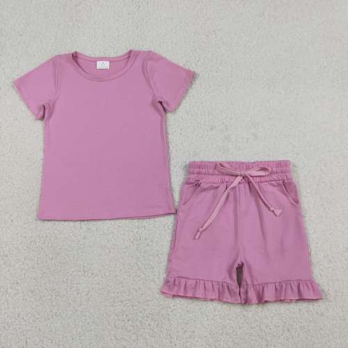 GSSO3348  Pink Solid print short sleeve girl outfits