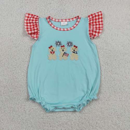 SR4051 Baby Blue 4th of july puppy fireworks Embroidery flying sleeve Rompers