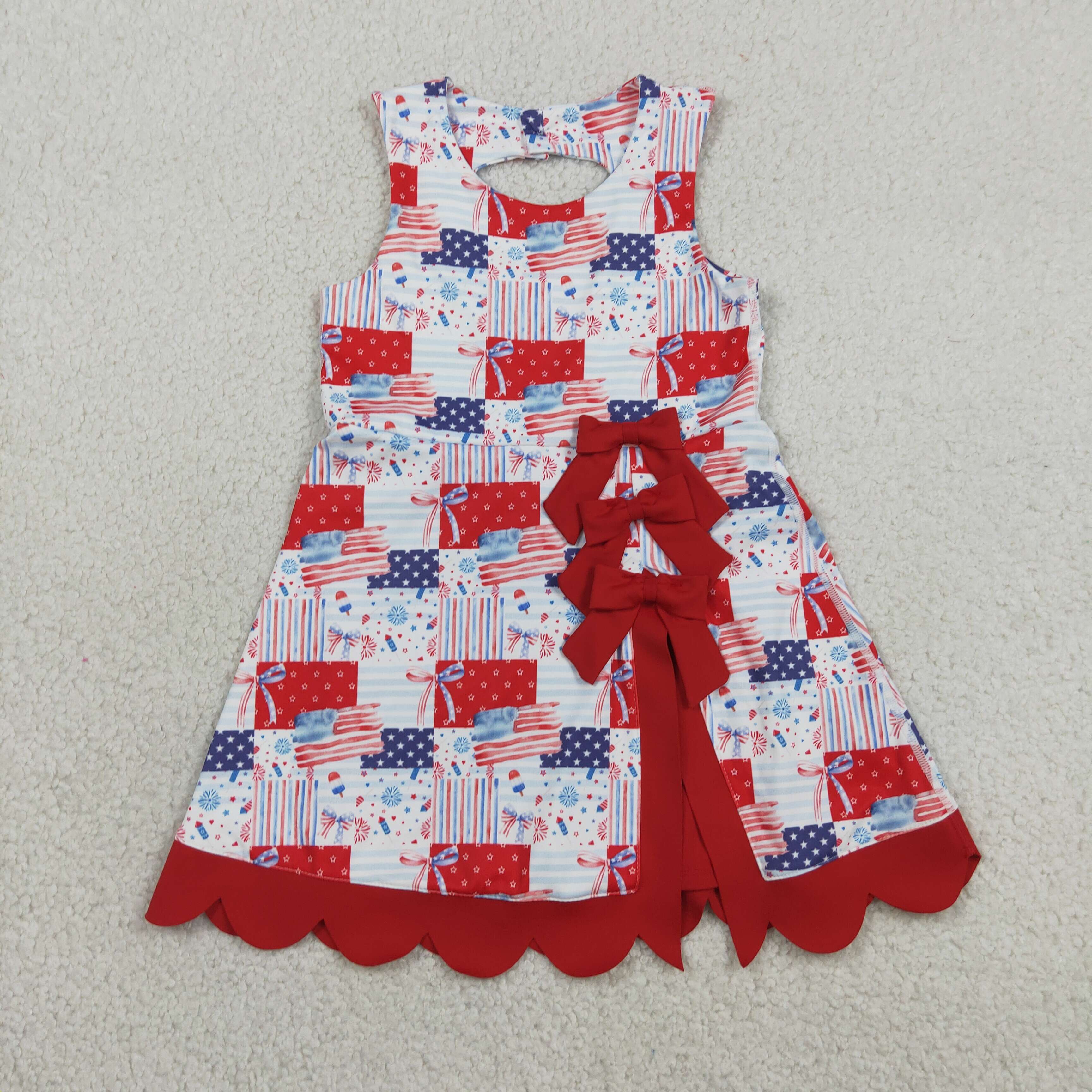 GSD3945  RTS 4th of july bows flag  print active girl yoga scallop dress