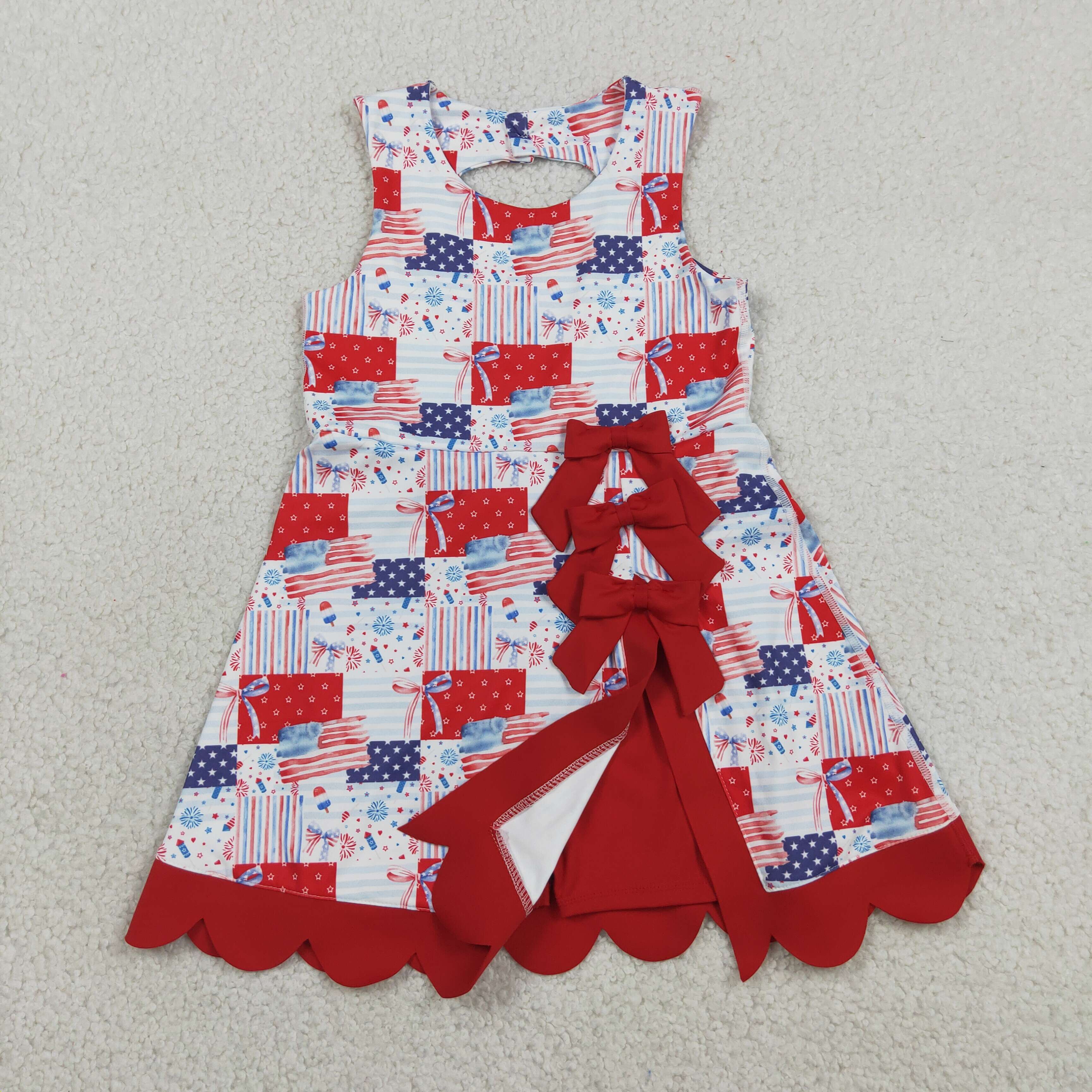 GSD3945  RTS 4th of july bows flag  print active girl yoga scallop dress
