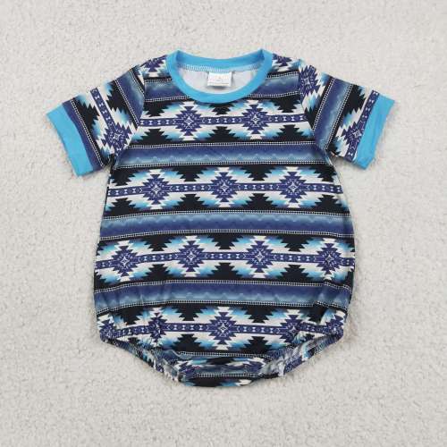 SR3709  Baby BLUE Aztec pattern  print short sleeve Rompers