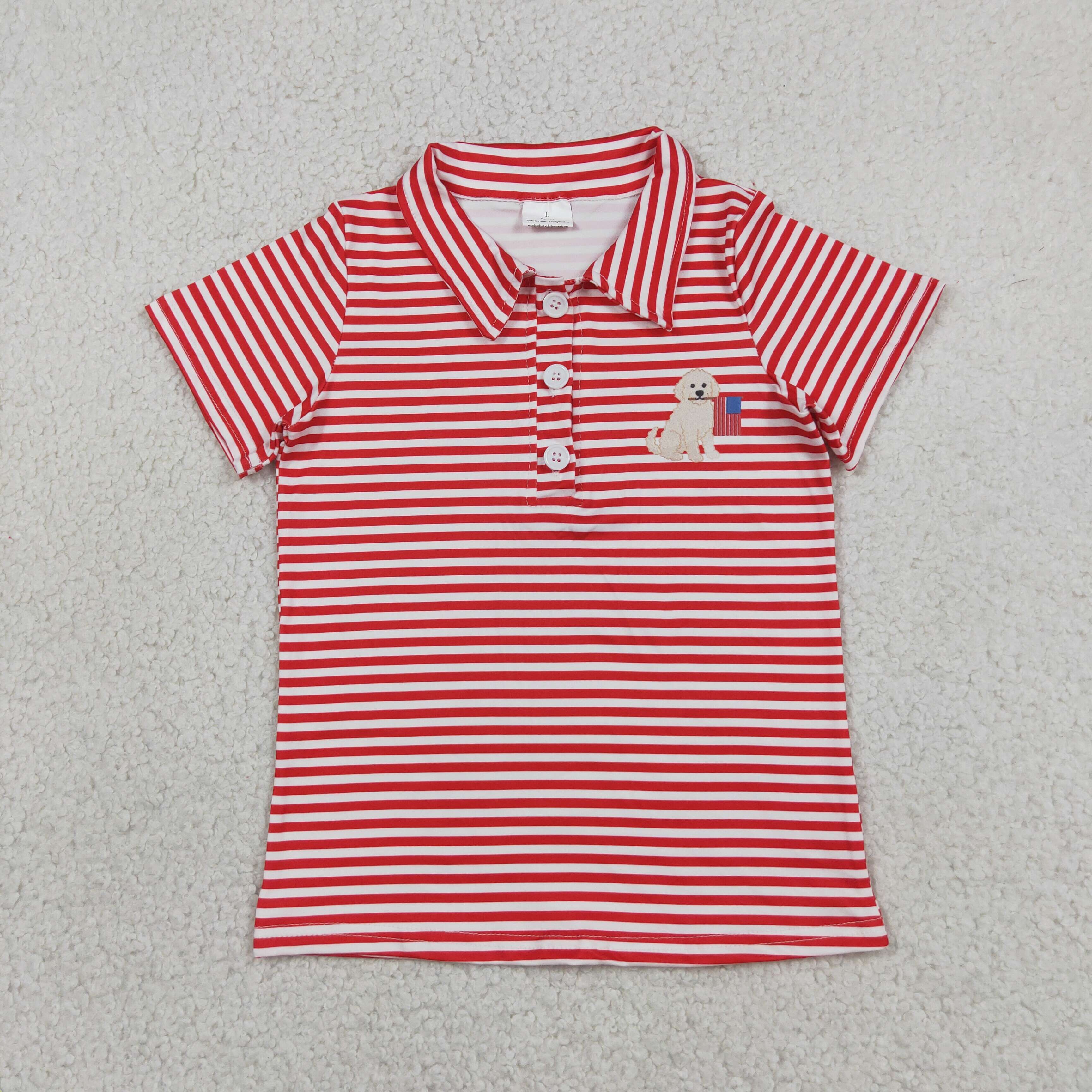 BT1619  RTS Red stripe 4th of july puppy embroidery short sleeve boy t-shirt